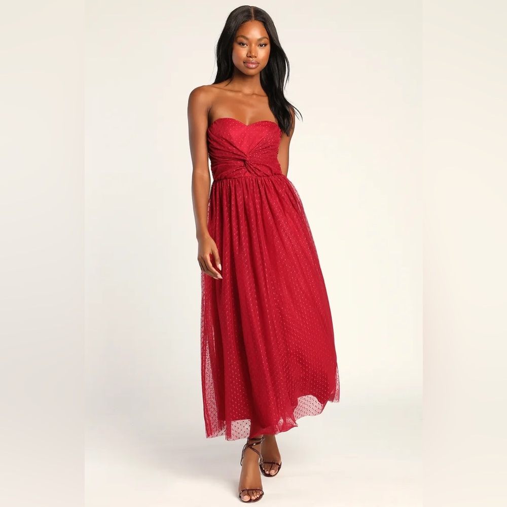 Lulu's Red Strapless Midi Dress - Picture 3 of 15